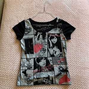 Small (girls) black T shirt with white/red picture designs